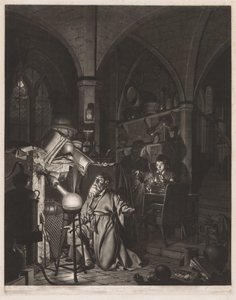 Der Alchimist, auf der Suche nach dem Stein der Weisen, entdeckt Phosphor und betet für den erfolgreichen Abschluss seiner Operation, wie es der Brauch der alten chemischen Astrologen war