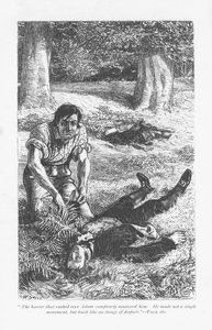 Adam Bede, nachdem er Arthur Donnithorne im Kampf besiegt hat, ist entsetzt, seinen Rivalen bewusstlos zu sehen. Adam Bede von George Eliot, erstmals veröffentlicht 1859. Illustration von William Small (1843-1929) aus einer Ausgabe um 1885. von William Small