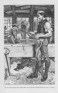 Adam Bede, der Dorfschreiner, in der Werkstatt, sein Hund Gyp auf einem Haufen Späne unter der Bank. Adam Bede von George Eliot, erstmals veröffentlicht 1859. Illustration von William Small (1843-1929) aus einer Ausgabe um 1885. von William Small