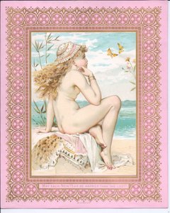 Viktorianische Neujahrskarte von einer badenden Schönheit am Strand, ca. 1881