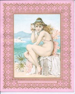 Viktorianische Neujahrskarte von einer badenden Schönheit am Strand, die eine Muschel ans Ohr hält, ca. 1881