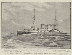Eine Neuheit in den Marine-Manövern, H.M.S. Juno für drahtlose Telegrafie ausgestattet von William T. Maud