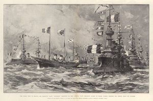 Der Besuch des Zaren in Frankreich, die Yacht Seiner Majestät Standart gefolgt von der Cassini mit Präsident Loubet an Bord, passiert die französische Flotte vor Dünkirchen von William T. Maud