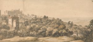 Italienische Landschaft: Dorf auf einem Hügel links, Hang nach rechts abfallend, mit entferntem Tal dahinter von William Taverner