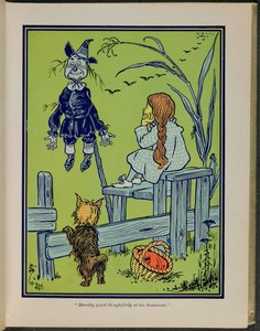 "Dorothy schaut nachdenklich auf die Vogelscheuche", Illustration aus "Der wunderbare Zauberer von Oz" von Lyman Frank Baum von William Wallace Denslow