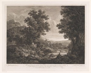 Landschaft mit Figuren um ein Feuer und Zeichner und Schalmeispieler am Ufer eines Flusses