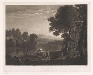 Landschaft mit Hirten und Frau auf Maultier am Ufer eines Flusses von William Woollett