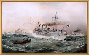 Kaiserliche Marine Greif, Meteor und Jagd spähen bei Brüsterort, Chromo-Lithographie von Willy Stöwer 1894, Nr. 9 aus G. Wislicenus, Unsere Kriegsflotte