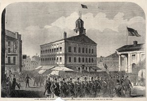 Ein neues Regiment von Massachusetts-Freiwilligen zieht an der Faneuil Hall in Boston vorbei, auf dem Weg in den Krieg