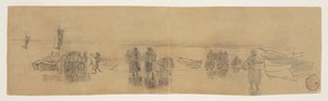 Strand mit vier Fischerbooten, Cullercoats, England von Winslow Homer