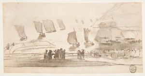 Strandszene mit Menschen und Fischerbooten, Cullercoats, England