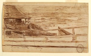 Haus an einem Geländer mit gestrandeten Dories, Cullercoats, England