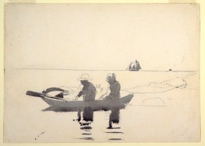 Zwei Figuren in einem Ruderboot