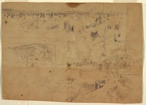 Studien eines Schlachtfeldes mit Baumstümpfen und zerstörten Baumstämmen, Petersburg, Virginia