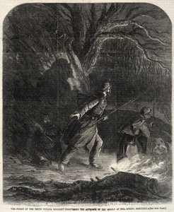 Die Vorhut des zehnten Indiana-Regiments entdeckt das Herannahen der Rebellen