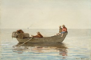 Drei Jungen in einem Dory mit Hummerkörben