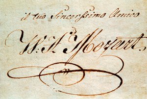 Unterschrift des österreichischen Komponisten Wolfgang Amadeus Mozart (1756-1791)