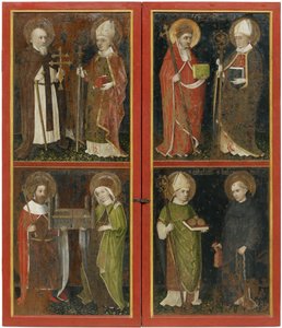Antonius der Abt und Erhard von Regensburg Sixtus II und Servatius Heinrich II und Kunigunde St. Nikolaus und Leonard, ca. 1448
