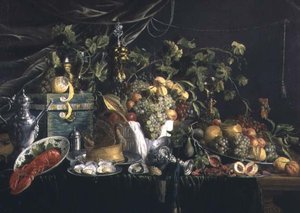 Stillleben mit Obst, einer Fasanenpastete und einem Hummer