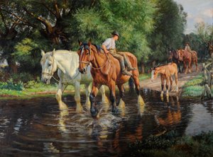 Bauernpferde und Fohlen an einer Furt, ca. 1915
