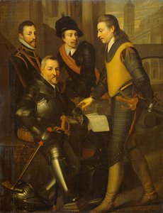 Gruppenporträt der vier Brüder von Wilhelm I., Prinz von Oranien: Jan (1535-1606), Hendrik (1550-74), Adolf (1540-68) und Lodewijk (1538-74), Grafen von Nassau von Wybrand de Geest (I) (workshop of)