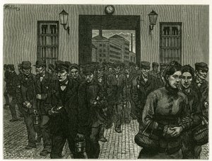 Ein Fabrikausgang in Gent. Gravur von X. Mellery zur Illustration der Geschichte Belgium
