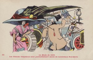 Postkarte, die die Gefahren großer Hüte und dazugehöriger Hutnadeln satirisch darstellt - die Mode von 1909