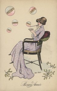 Hübsches Mädchen, das Blasen bläst, darunter Wohlstand, Gesundheit, Glück, Hoffnung und Freude