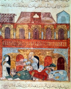 Der vagabundierende Navigator Abu-Zayd und die schlafenden Händler. Miniatur aus den Maqamat (Seances) von Abu Mohammed al-Kasim ibn Ali Hariri (1054-1122) illuminiert von Yahya Mahmud al-Wasiti