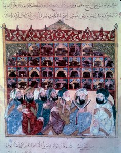 Der vagabundierende Navigator Abu-Zayd hält eine Rede in der Bibliothek von Basra. Miniatur aus den Maqamat (Seances) von Abu Mohammed al-Kasim ibn Ali Hariri (1054-1122) illuminiert von Yahya Mahmud al-Wasiti