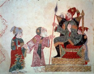 Der vagabundierende Navigator Abu-Zayd und sein Sohn vor dem Gouverneur. Miniatur aus den Maqamat (Seances) von Abu Mohammed al-Kasim ibn Ali Hariri (1054-1122) illuminiert von Yahya Mahmud al-Wasiti von Yahya ibn Mahmud Al Wasiti