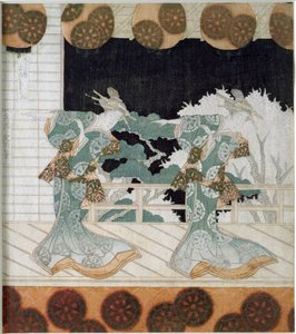 Tänzer in traditioneller Tracht auf einer Bühne Japanischer Druck „Surimono“ von Yashima Gakutei (1786-1868) 1822 Private Sammlung von Yashima Gakutei