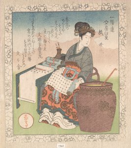 Nuji (japanisch: Joki; eine Dienerin, die Schriften daoistischer Weiser zusammenstellte); „Papier“ (Kami), aus Vier Freunde des Schreibtisches für den Ichiyō-Dichterkreis (Ichiyō-ren Bunbō shiyū). Aus der Sammlung Frühlingsregen (Harusame shū), Bd. 1 von Yashima Gakutei