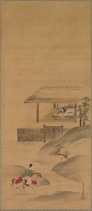 Minamoto no Nakakuni besucht Lady Kogo, Triptychon von Hängerollen