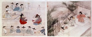 Koreanische Kunst: Kampfszene von Frauen, Szene aus dem täglichen Leben. Drucke von Sin Yun Bok (oder Hyewon, 1758). 18. oder 19. Jahrhundert. Hyung Pil Chun Sammlung