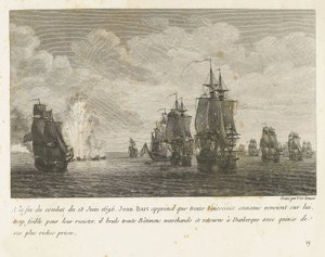 Gefechte zwischen einer Flotte unter Jan Bart und einer holländischen Flotte, 1696 (A la fin du combat du 18 Juin 1696, Jean-Bart apprend que treize Vaisseaux ennemis...) von Yves Marie Le Gouaz