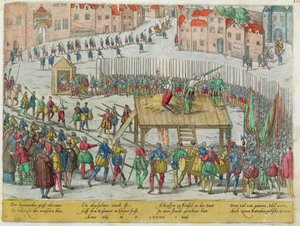 Die Hinrichtung von zwanzig adligen Führern, darunter die Grafen Egmont und Horn, durch den Herzog von Alva in Brüssel von Zacharias (school of) Dolendo