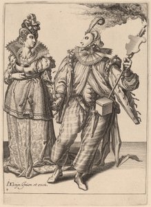 Eine Frau wird von einem Spieler mit einer Fackel geführt von Zacharias Dolendo after Jacques de Gheyn II