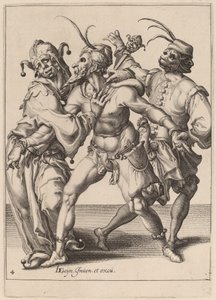 Drei tanzende Mummern, darunter ein Narr von Zacharias Dolendo after Jacques de Gheyn II