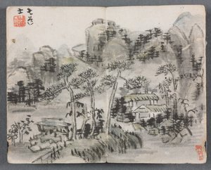 Miniaturalbum mit Figuren und Landschaft: Landschaft mit zwei Gebäuden