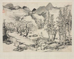 Landschaftsalbum in verschiedenen Stilen: Landschaft mit Künstler auf einer Brücke