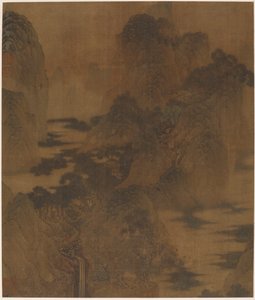 Landschaft: Bergschlucht, Nebel, ein Bach und Gebäude, Ming-Dynastie, 17. Jahrhundert von Zhang Hong