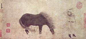 Pferd und Stallbursche im Winter