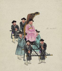 Ein hoher koreanischer Beamter, möglicherweise der Premierminister, wird in einem aufwendigen Sänftensessel getragen, ca. 1890 von . .