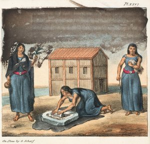 Araucano-Indianerinnen mahlen Mais und spinnen, Chile