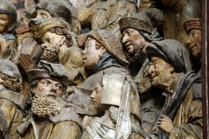 FRANKREICH. Hauts-de-France. SUM. Amiens. Kathedrale Notre-Dame. Südwand des Chors. Detail der Basreliefs, die die Geschichte von Saint Fermin darstellen. Gotische Kunst. Relief
