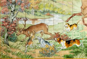 Innenansicht, Fliesenpanel, Maler Furcy Ernest Tondeur, Ausführung Boch Frères La Louvière, erstes Panel, Jagdszene mit drei Reitern, (Detail) von . .
