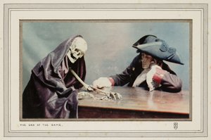 Das Ende des Spiels: Ein Mann mit einem Skelett, das den Tod symbolisiert und Münzen sammelt