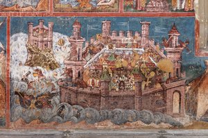 Kloster Moldovita. Die Kirche. Außenansicht. Südlich. Linker Teil. Wandmalerei. von . .