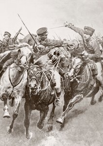 Reiterkampf zwischen russischen Kosaken und deutscher Kavallerie, bekannt als die Husaren des Todes in Schwansfeld, zwischen Korschen und Bartenstein, Ostpreußen, August 1914 während des Ersten Weltkriegs, aus La Esfera von Ferdinand Georg Waldmuller